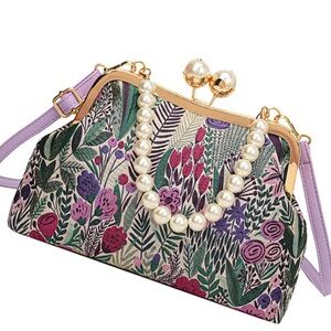 Floral Print Women's Bag with Pearl Accent